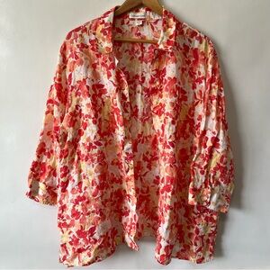 Coldwater Creek 100% Linen Pink Floral Button Down Shirt